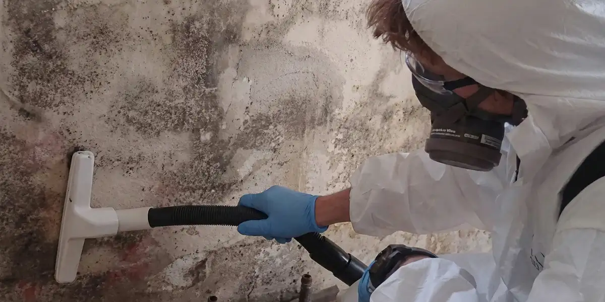 professional mold removal technician wearing protective equipment removing mold from a wall in Green Bay, WI